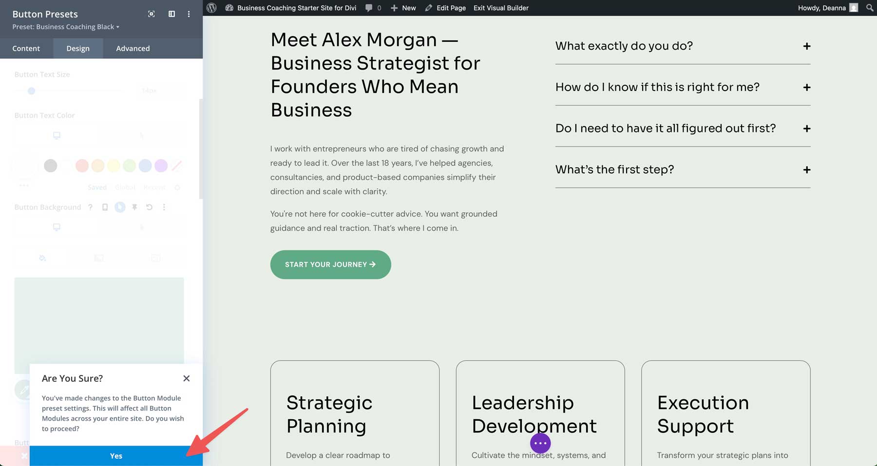 Site de démarrage de coaching d'entreprise pour divi