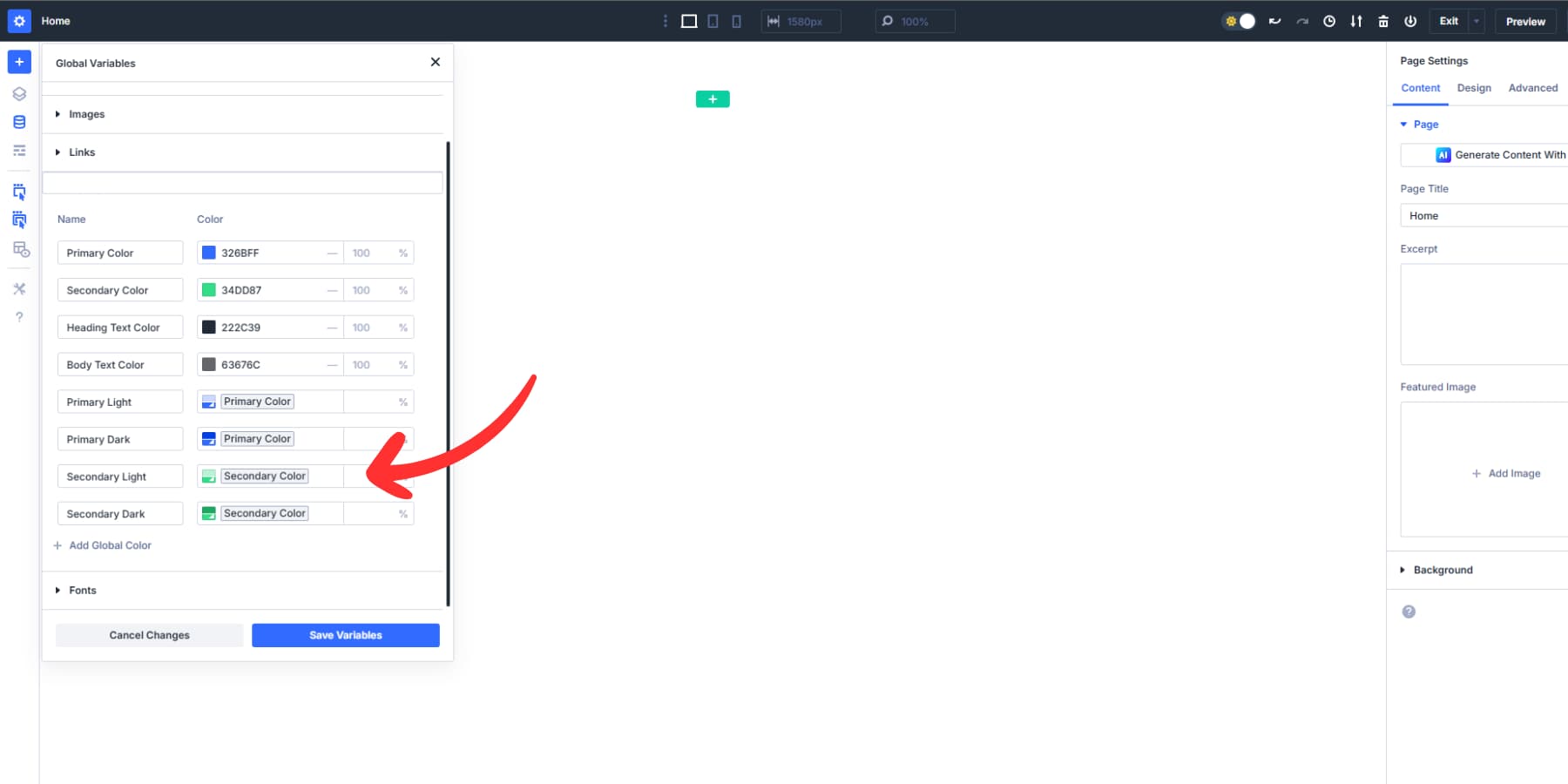 Une capture d'écran des variations de la couleur secondaire faite avec des commandes HSL de Divi 5