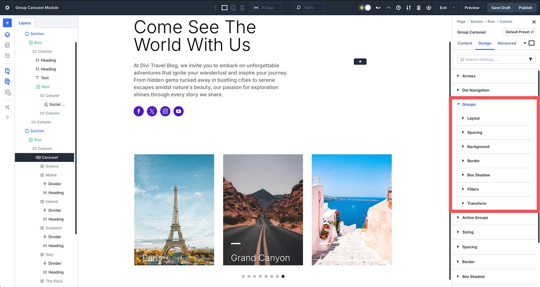 Divi 5의 그룹 회전식 모듈