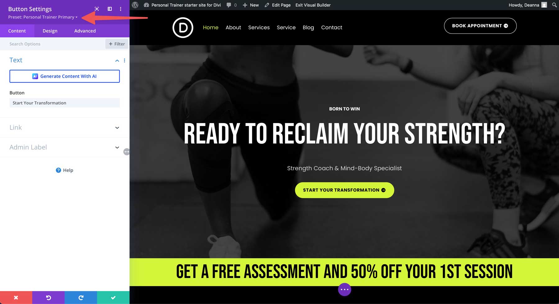 Site de pornire a antrenorului personal pentru Divi