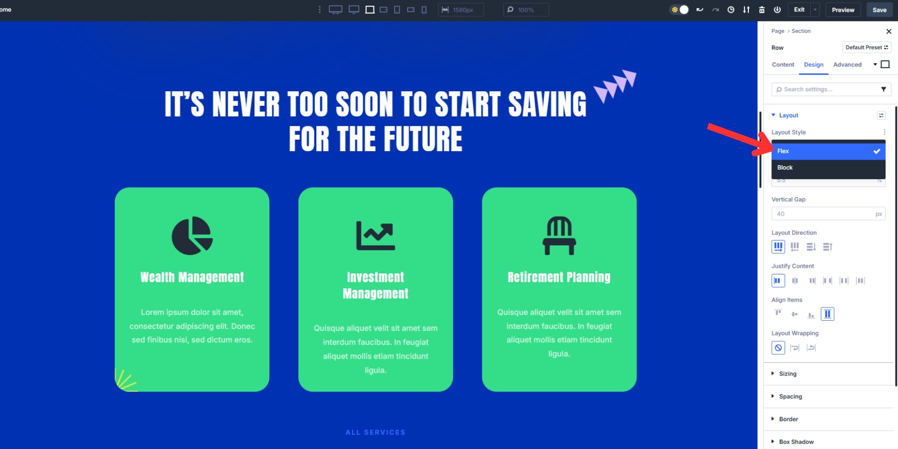 Zrzut ekranu, jak aktualizować styl układu do Flexbox w Divi 5