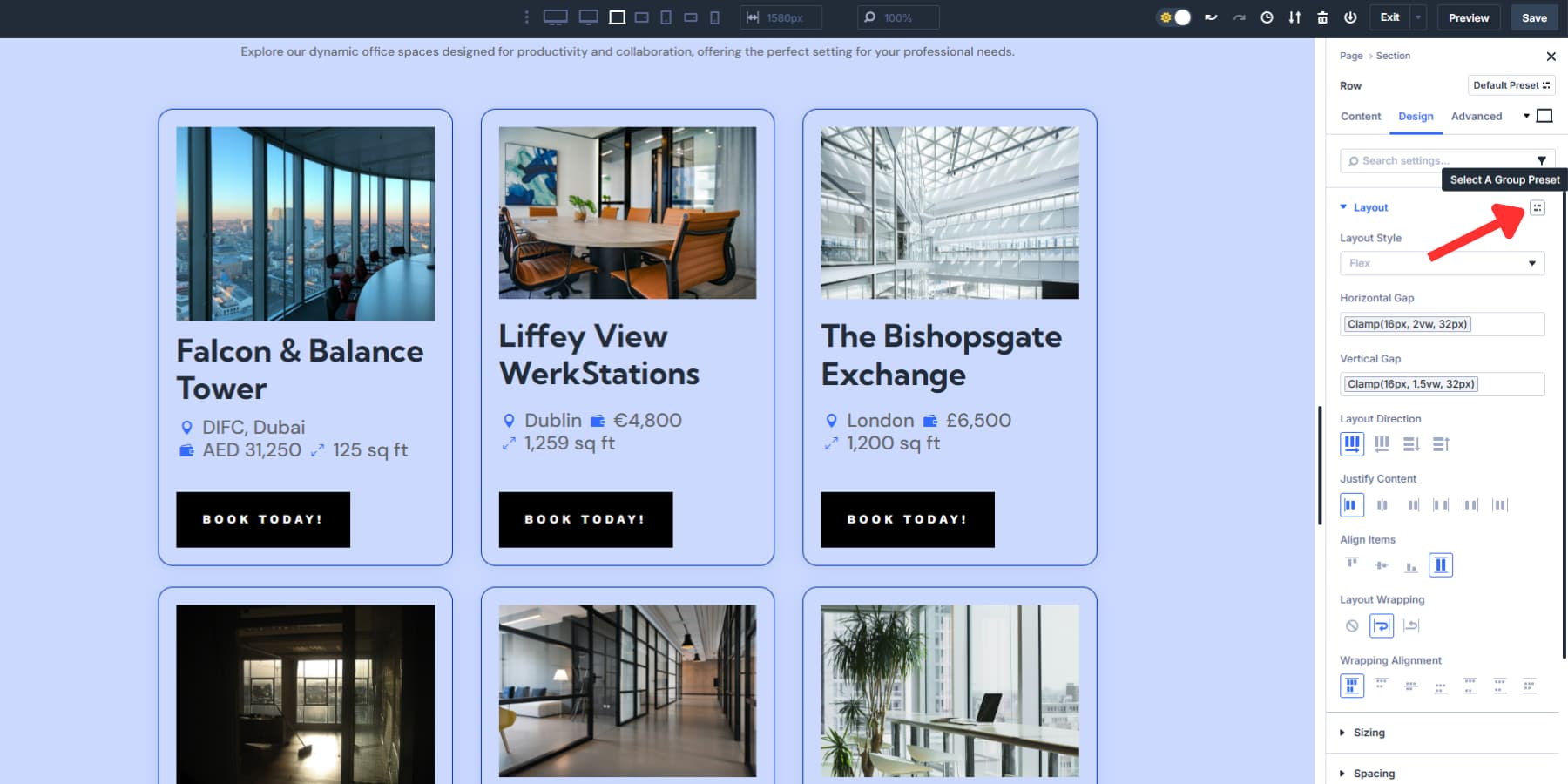 Ein Screenshot darüber, wo die Option Option Group Presets im Layout -Bereich gefunden werden kann
