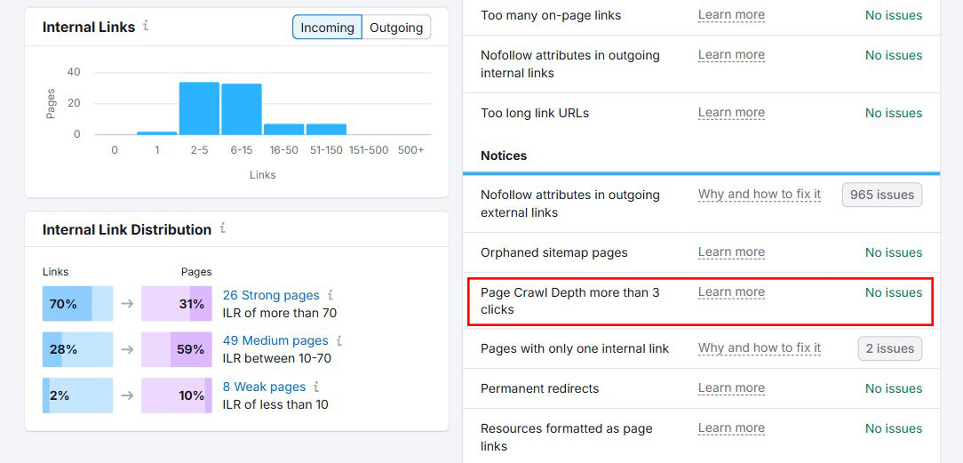 ページクロールの深さ3回以上のクリックの問題semrush内部リンクレポートの問題