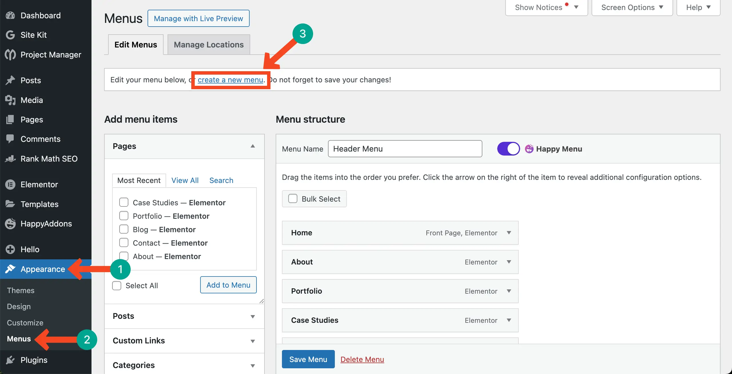 Elementor 7を使用してWordPressのカテゴリ別にブログ投稿を表示する方法 Go to the WordPress Menu option