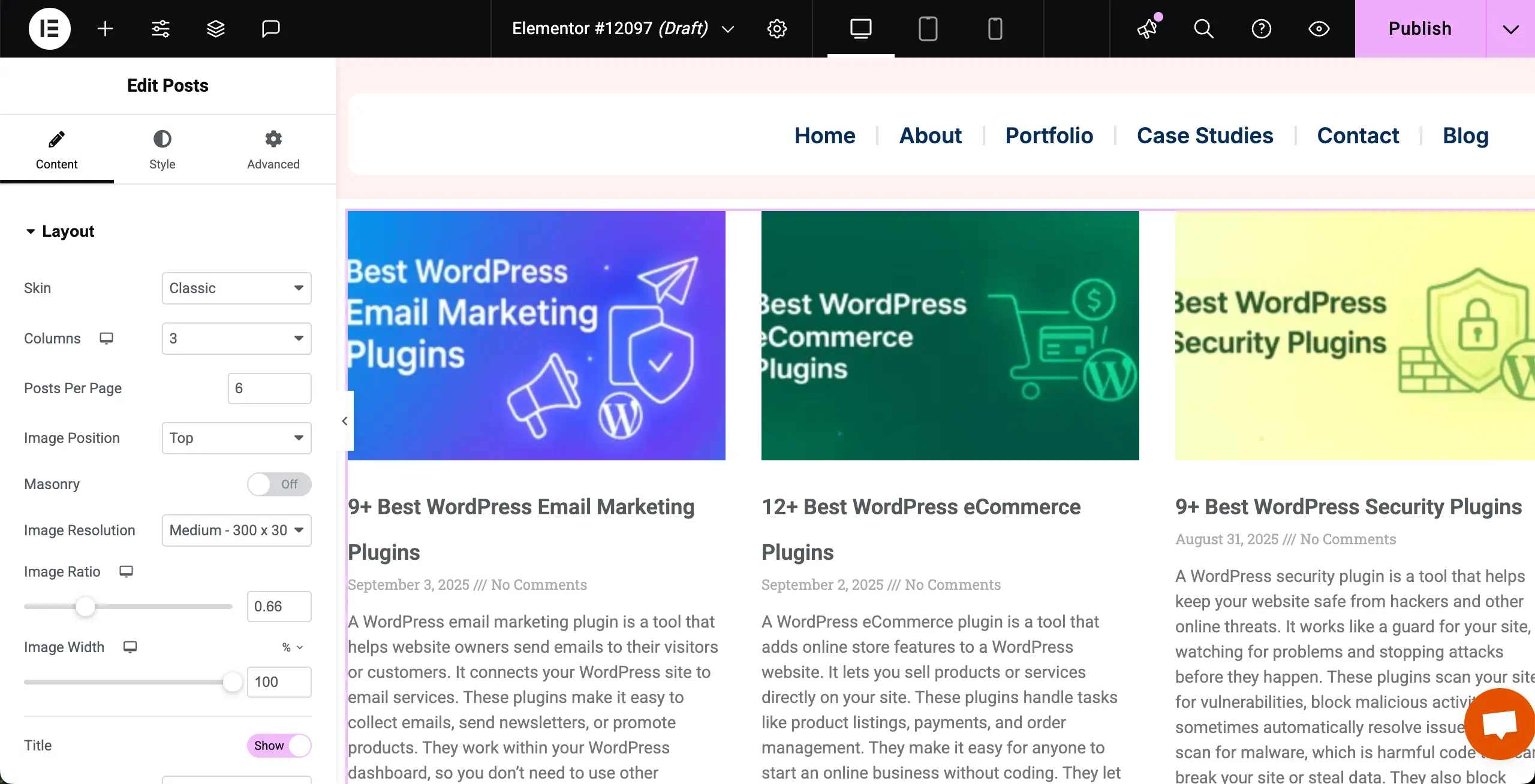 Elementor 5を使用してWordPressのカテゴリ別にブログ投稿を表示する方法 Posts widget is added to the Elementor Canvas