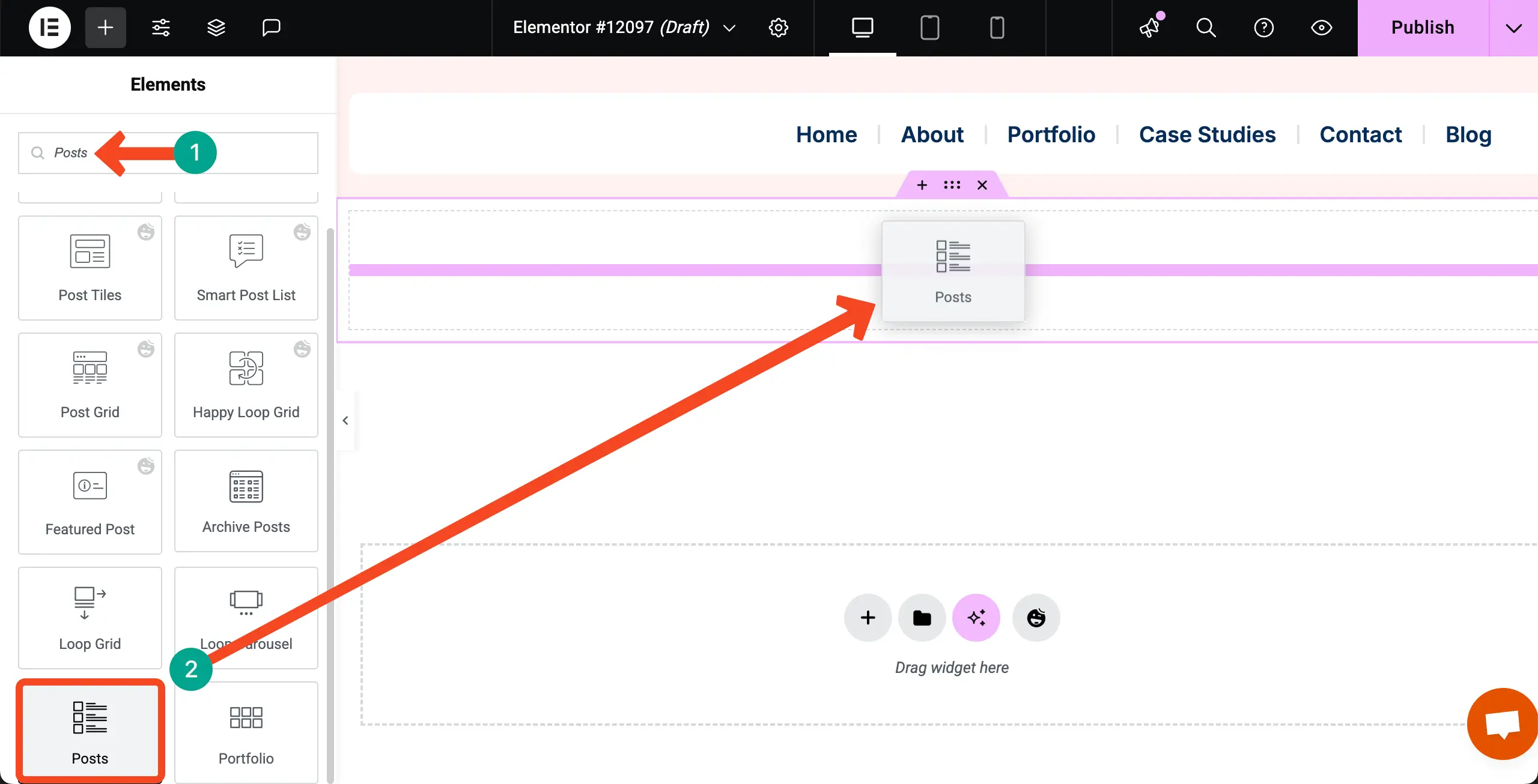 Elementor 4を使用してWordPressのカテゴリ別にブログ投稿を表示する方法 Drag and Drop the Posts Widget to Your Container