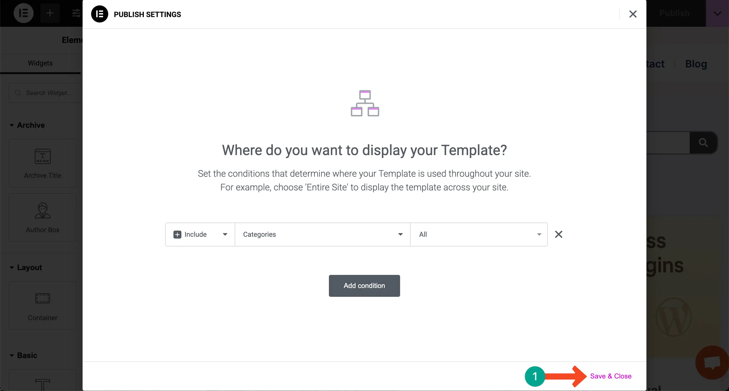 Elementor 17を使用してWordPressのカテゴリ別にブログ投稿を表示する方法 Save the condition