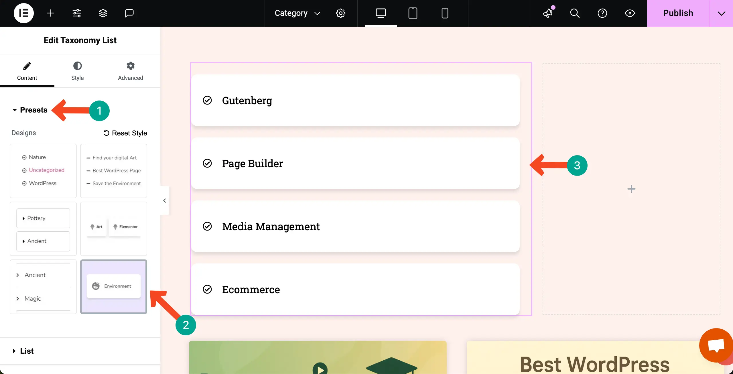 Elementor 29を使用してWordPressのカテゴリ別にブログ投稿を表示する方法 Select a preset for the categories