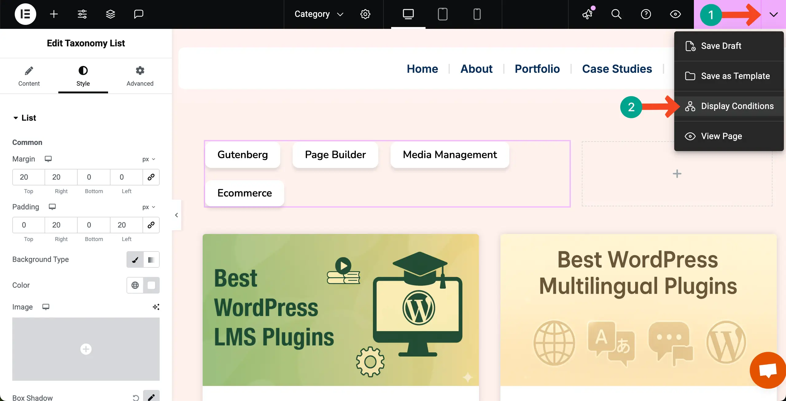 Elementor 31を使用してWordPressのカテゴリ別にブログ投稿を表示する方法 Go to Display Conditions