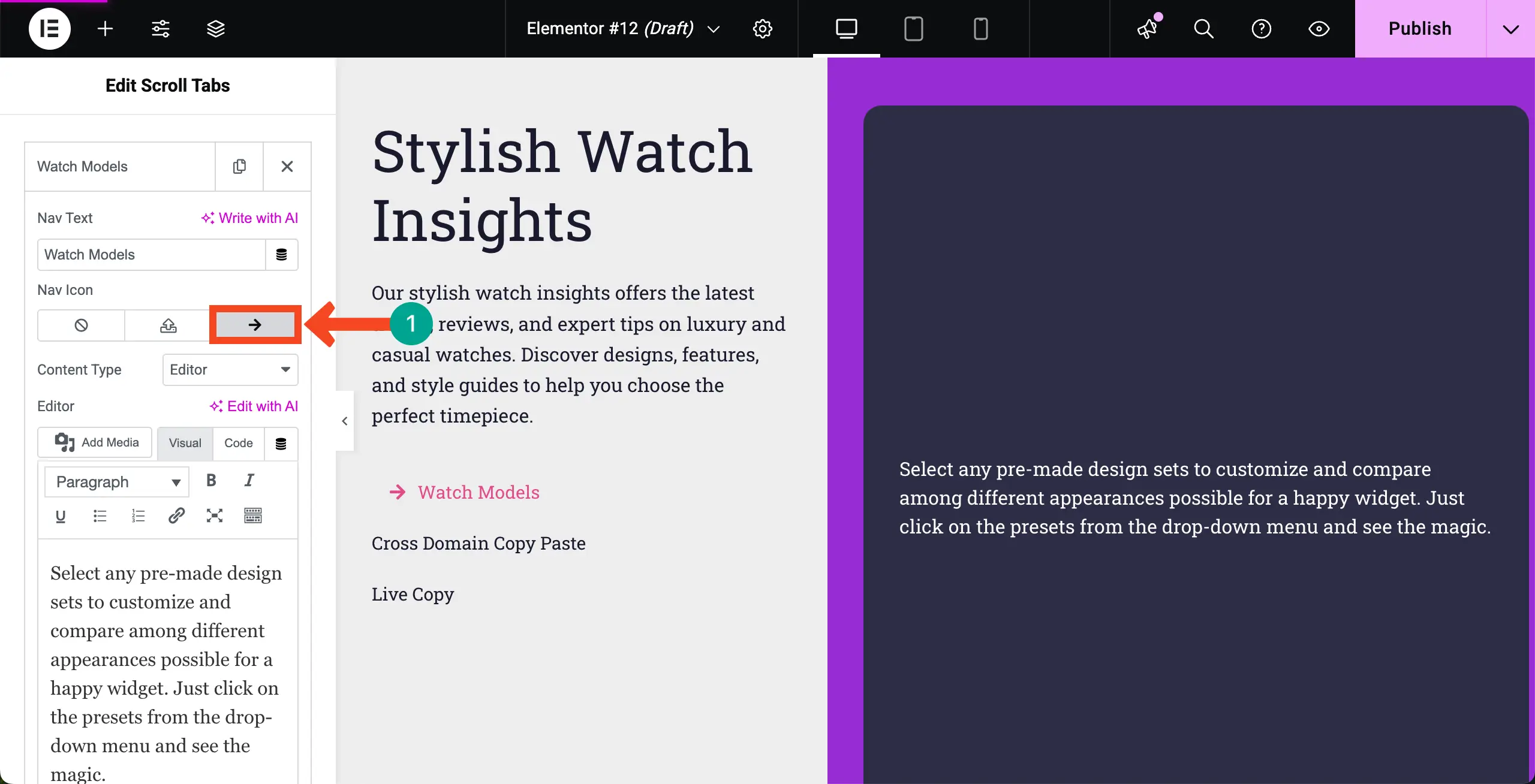 Elementor 9を使用してWordPressで垂直スクロールタブを作成する方法 Change the Icon of the Scrolling Tab