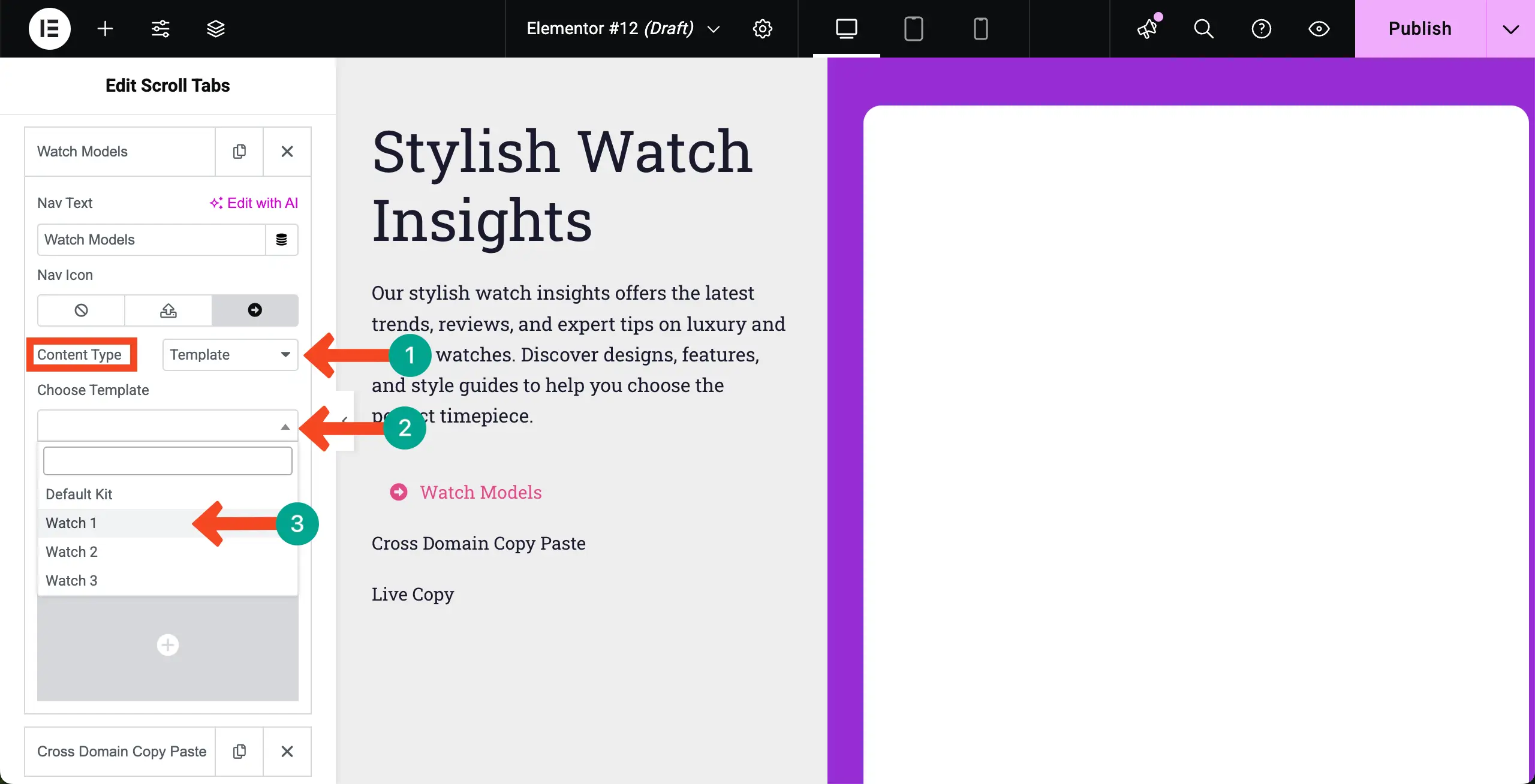 Elementor 15を使用してWordPressで垂直スクロールタブを作成する方法 Add Content to the Tab Via Template