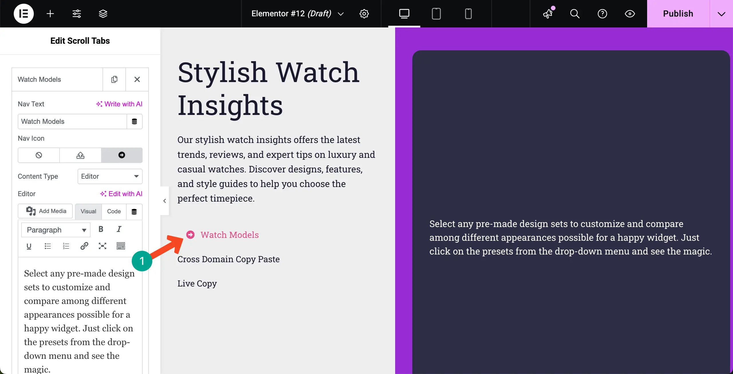 Elementor 11を使用してWordPressで垂直スクロールタブを作成する方法 Icon changed of the Scroll Tabs widget