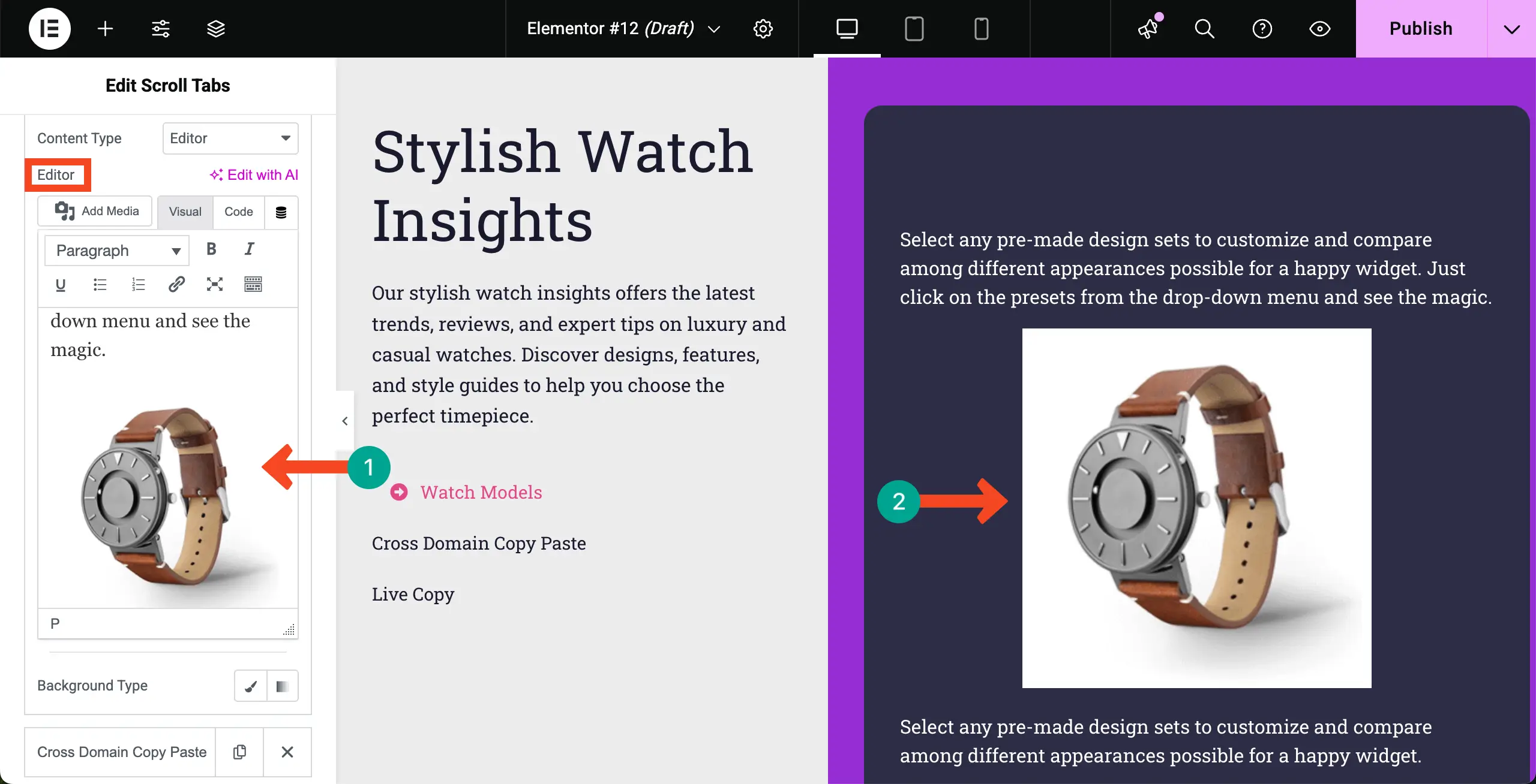 Elementor 13を使用してWordPressで垂直スクロールタブを作成する方法 Add content to the editor