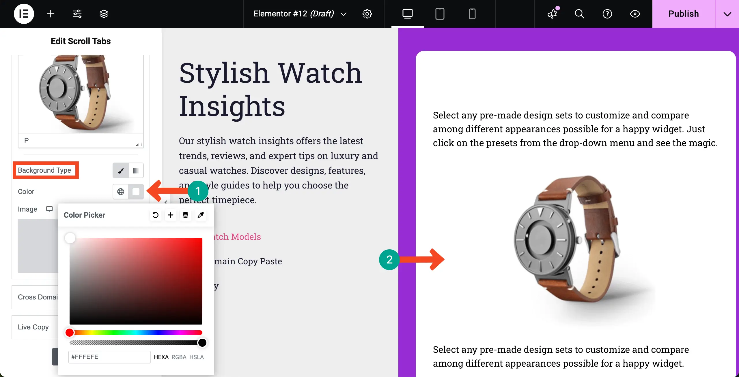 Elementor 14を使用してWordPressで垂直スクロールタブを作成する方法 Change the Background Color of the Tabbed Content