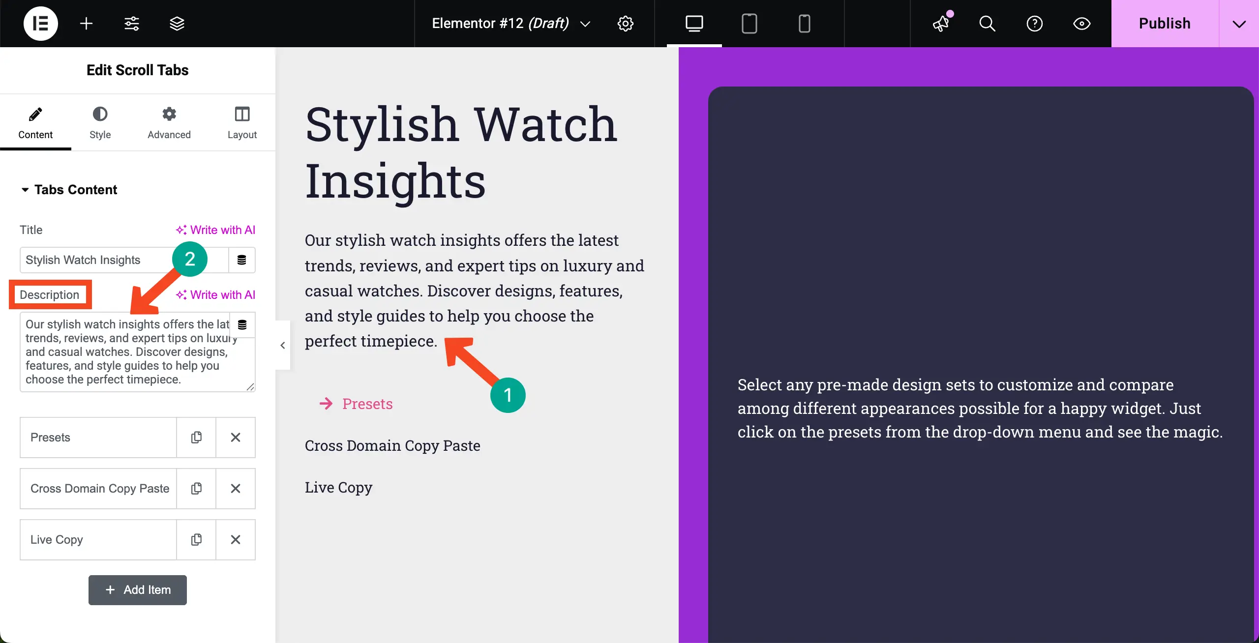 Elementor 6を使用してWordPressで垂直スクロールタブを作成する方法 Write a Description for the Widget