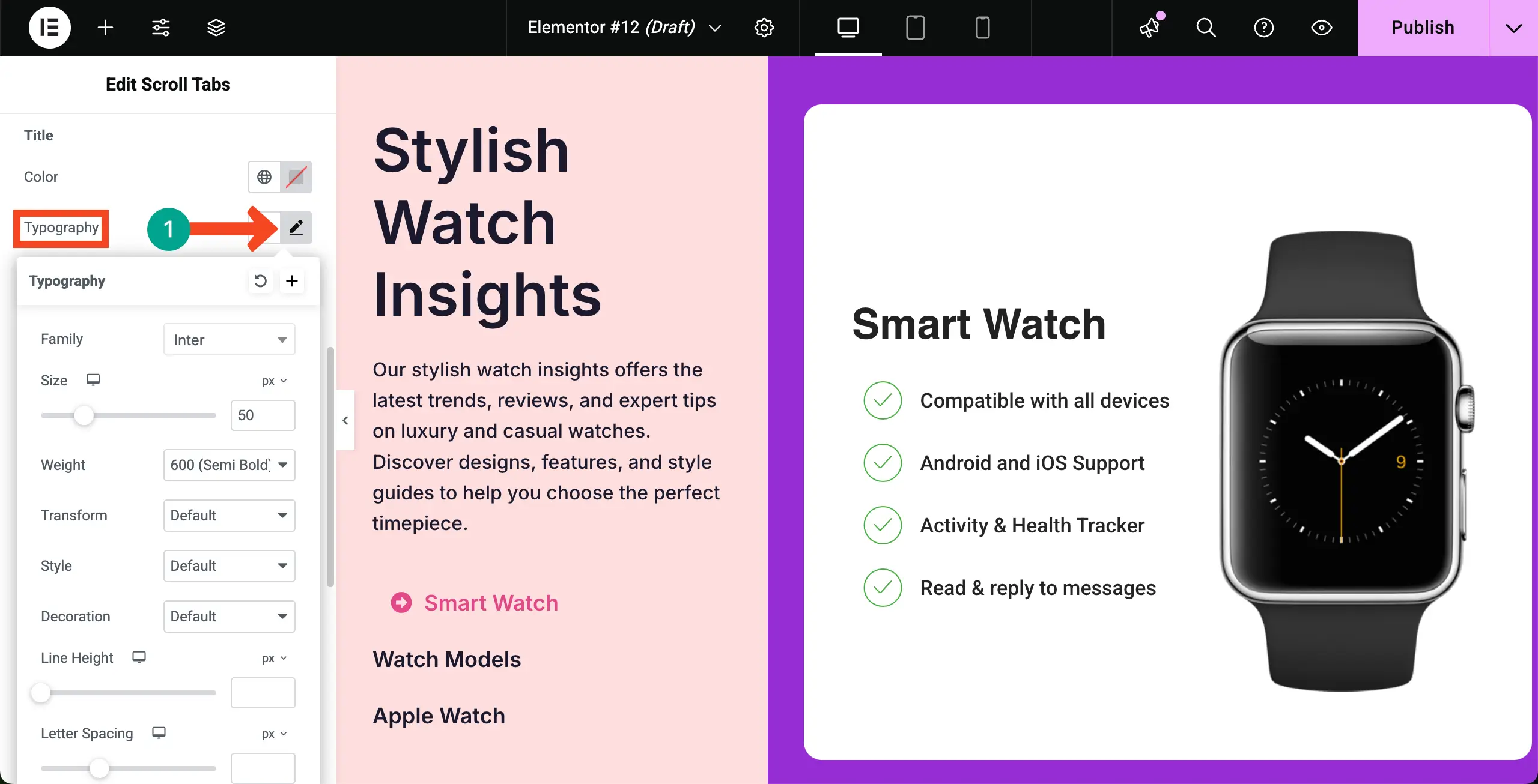 Elementor 20を使用してWordPressで垂直スクロールタブを作成する方法 Change typography for the navigator panel