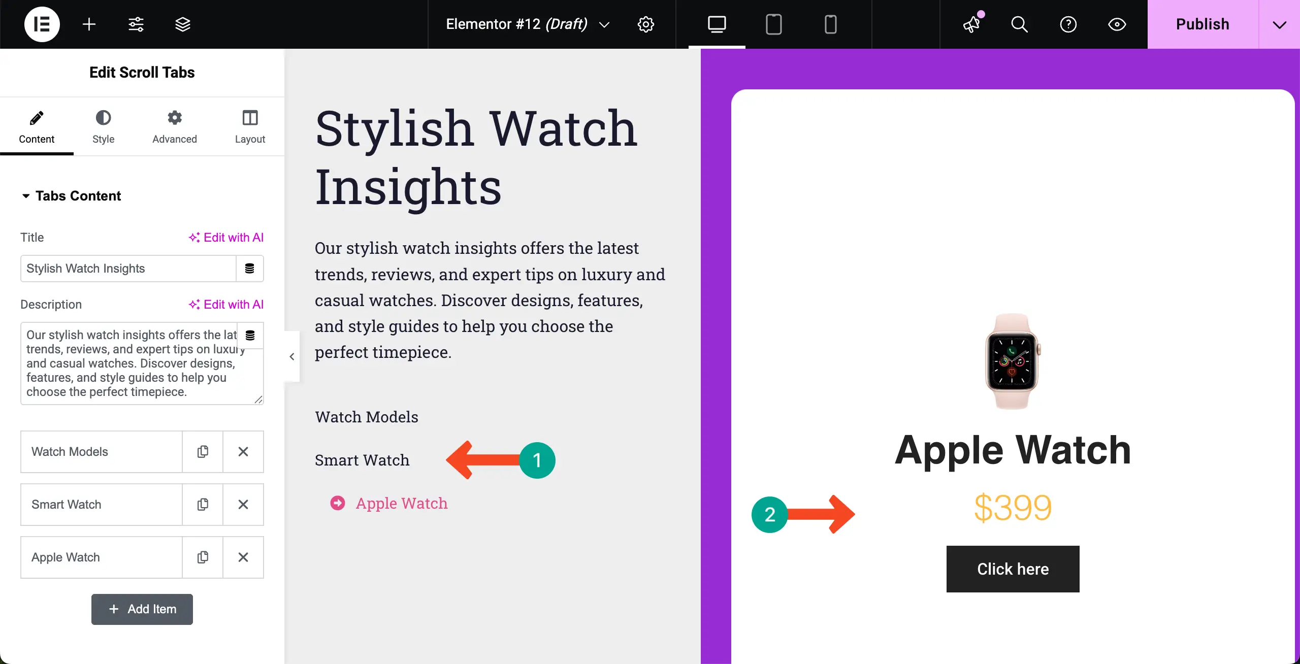 Elementor 17を使用してWordPressで垂直スクロールタブを作成する方法 Add content to all tabs fo the Scroll Tabs widget