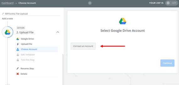 حدد حساب google drive في zapier