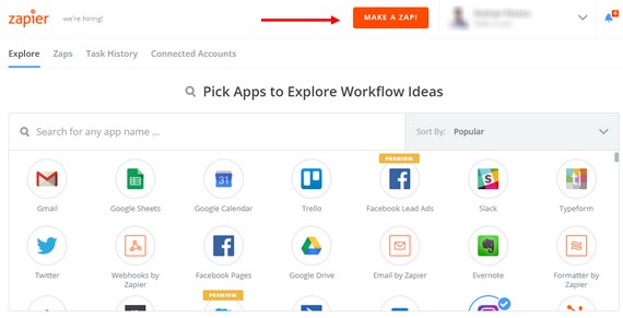 اختر تطبيق zapier