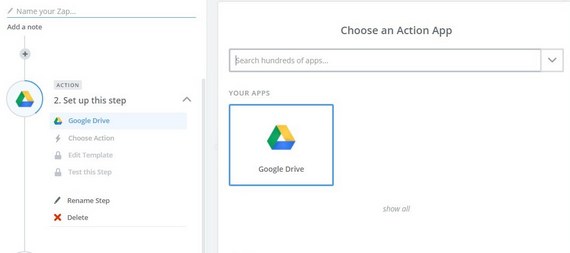 اختر إجراء zap google drive