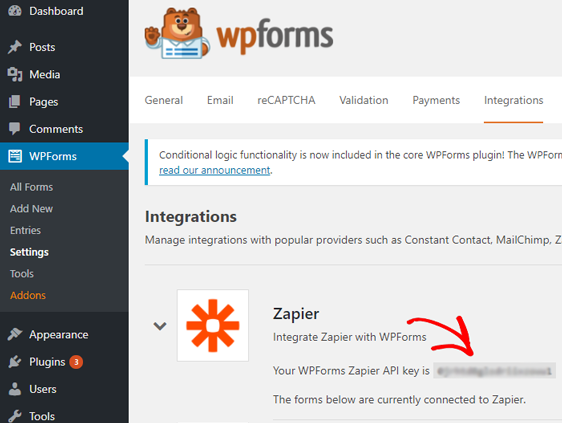 نسخ مفتاح zapier api