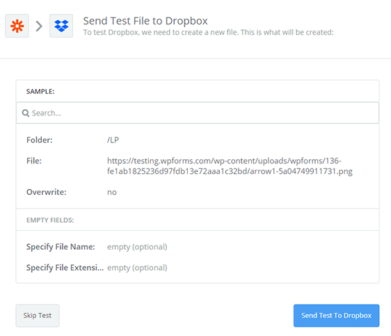 إرسال الاختبار إلى Dropbox لإضافة تحميلات إلى موقع الويب