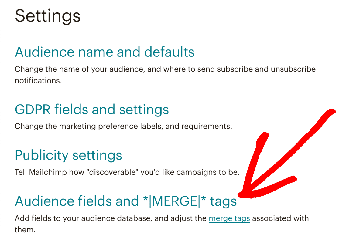 إعدادات علامة دمج Mailchimp