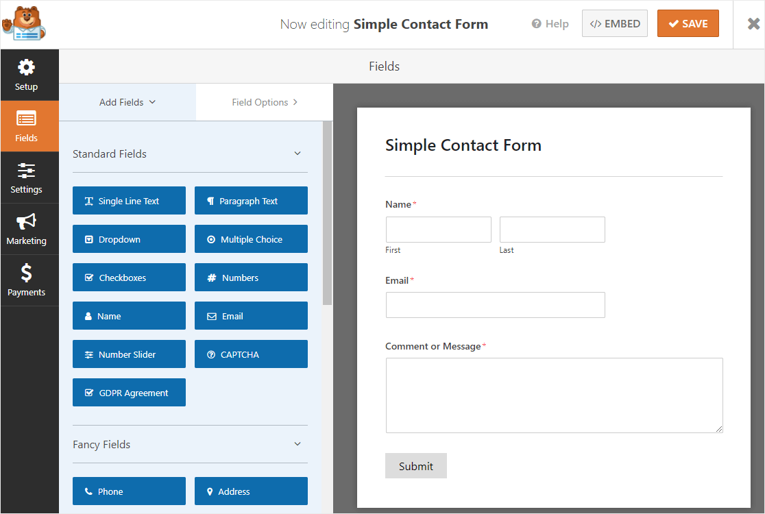 formular simplu de contact pe pagina câmpurilor wpforms