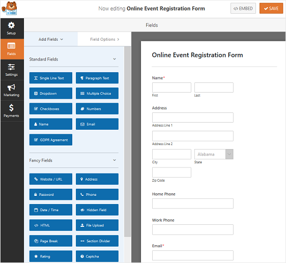 formulario de registro de eventos en línea