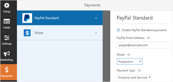 paramètres de paiement paypal ou stripe