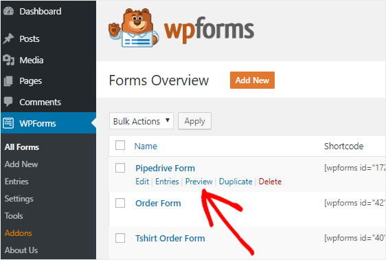 Pipedrive wordpress 양식 미리보기 옵션