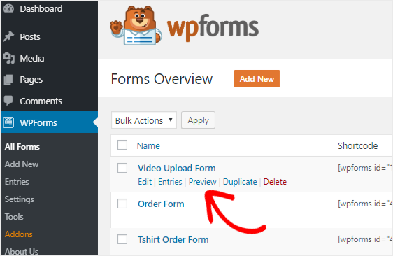 Vorschauoption für Video-Upload-Formular