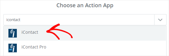 Selecione iContact na caixa de pesquisa Choose Action App