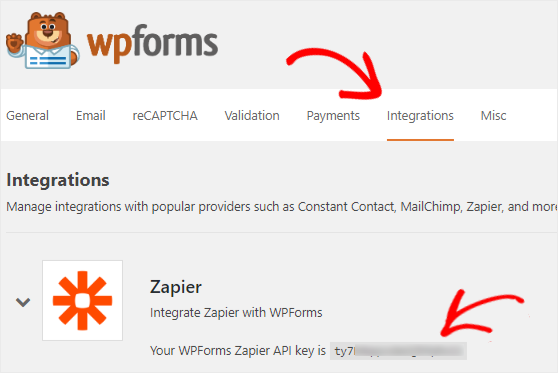 WPForms hesabını bağlamak için Zapier API anahtarını alın