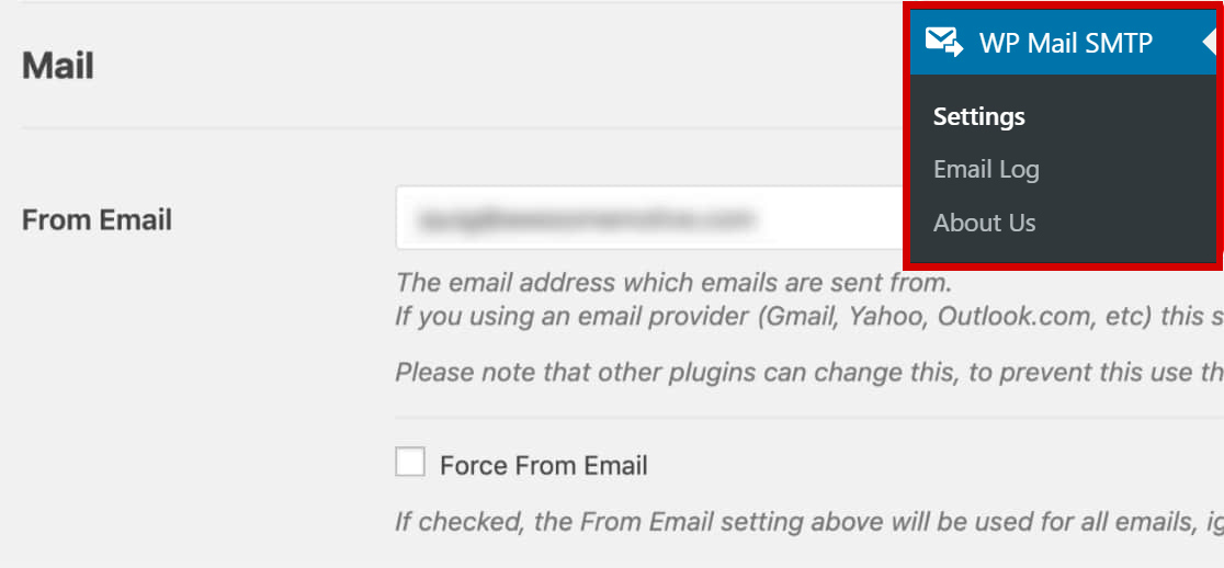 إعدادات البرنامج المساعد wpmailsmtp في لوحة القيادة