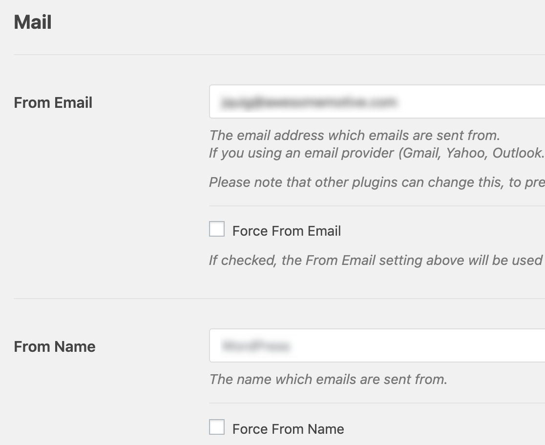 WP 메일 SMTP 워드프레스 아웃룩 메일러의 이메일 및 이름에서