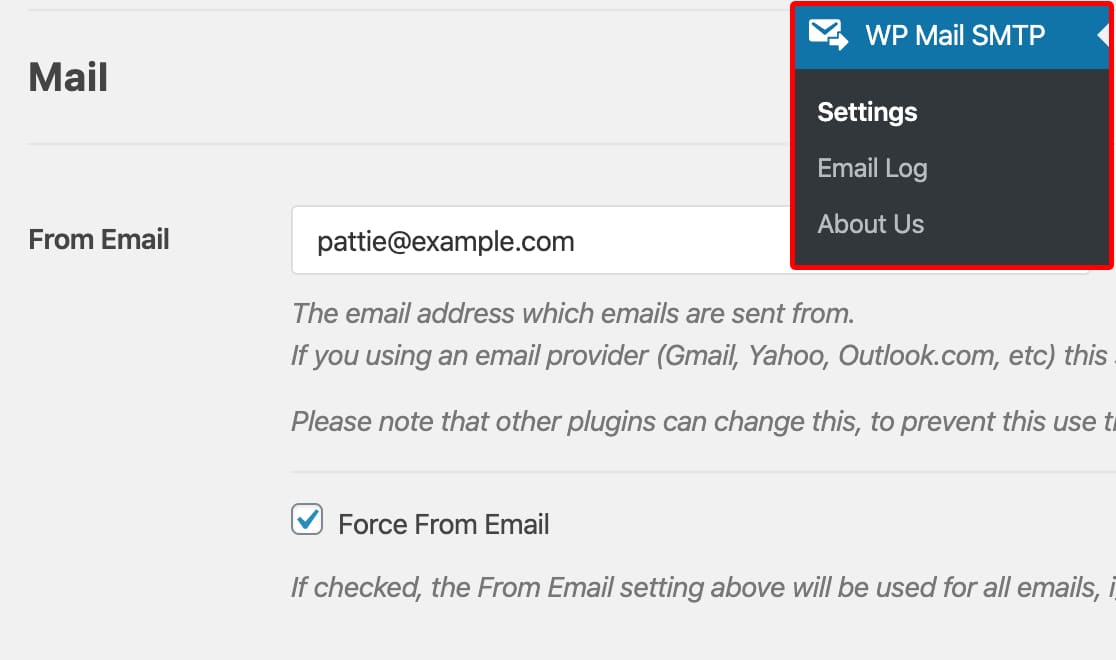 在 WP Mail SMTP 设置中从电子邮件调整