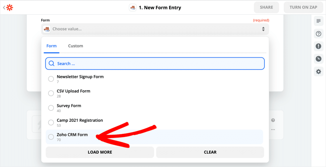 Sélectionnez le formulaire Zoho WordPress