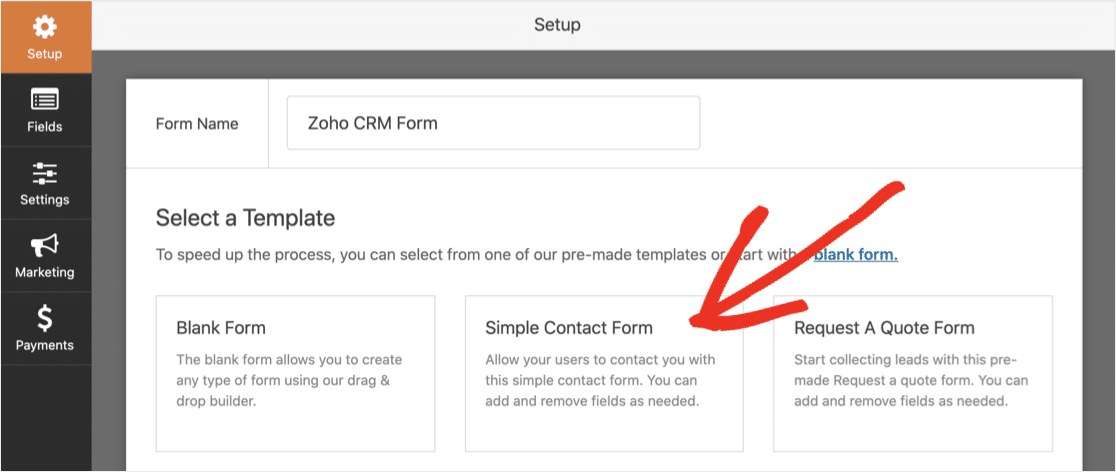 Sélectionnez le modèle de formulaire de contact WPForms