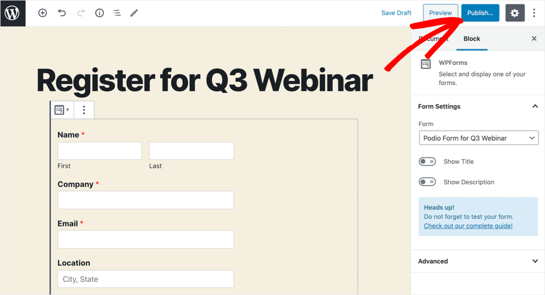 WordPress Podio 양식 페이지 게시