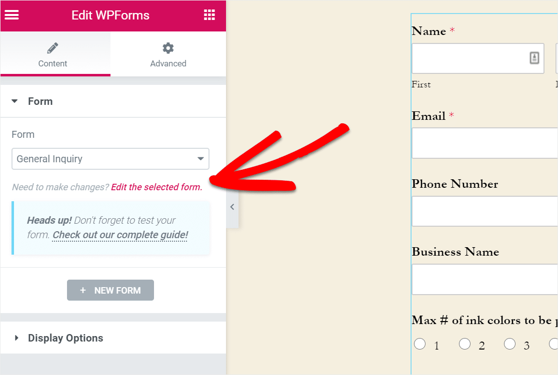 edit formulir wpforms yang dipilih di elemen