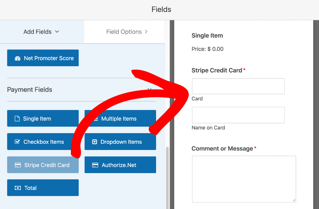 ลากช่องบัตรเครดิต Stripe ไปที่แบบฟอร์มอัพโหลดไฟล์