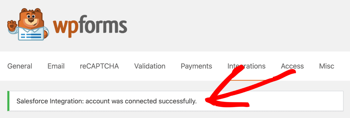 Message de réussite de l'intégration de Salesforce dans WordPress