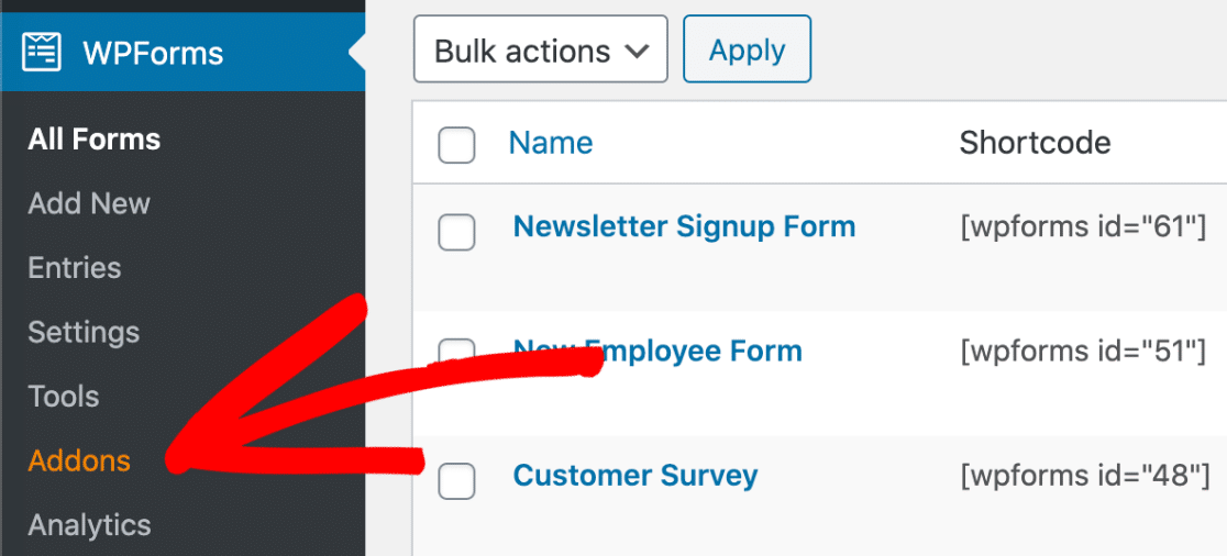 Élément de menu des modules complémentaires WPForms