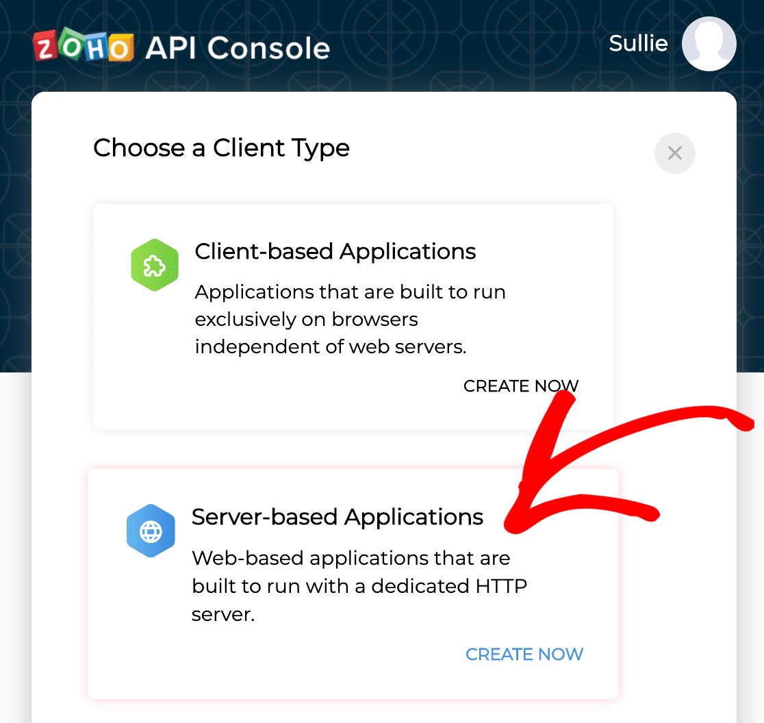 Wählen Sie serverbasierte Anwendungen für die Zoho Mail-API