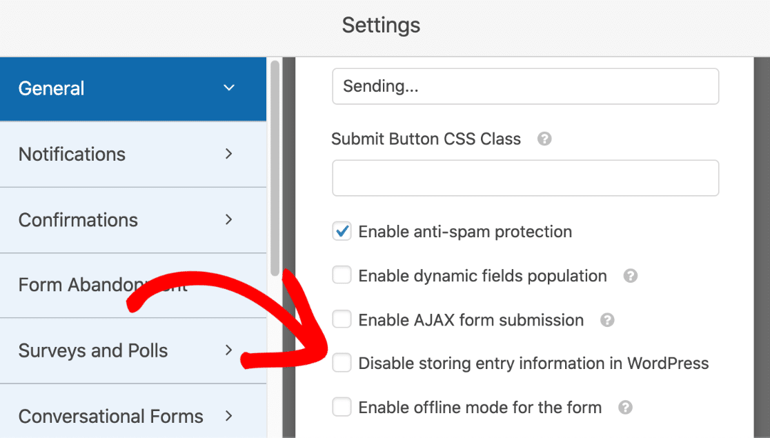 Deaktivieren Sie das Speichern von Formulareintragsinformationen in der WordPress-Checkbox