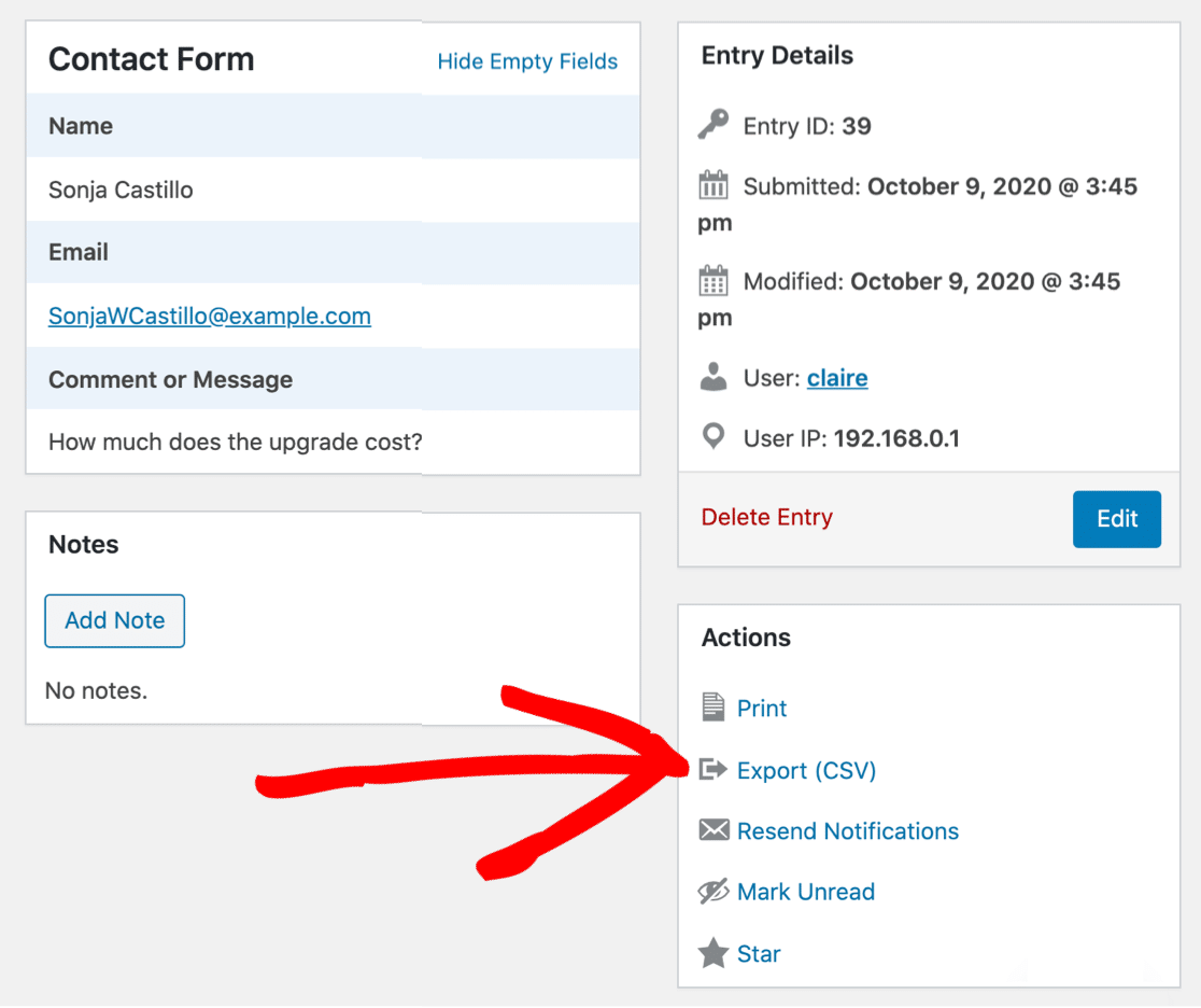 Einzeleintrag in CSV exportieren