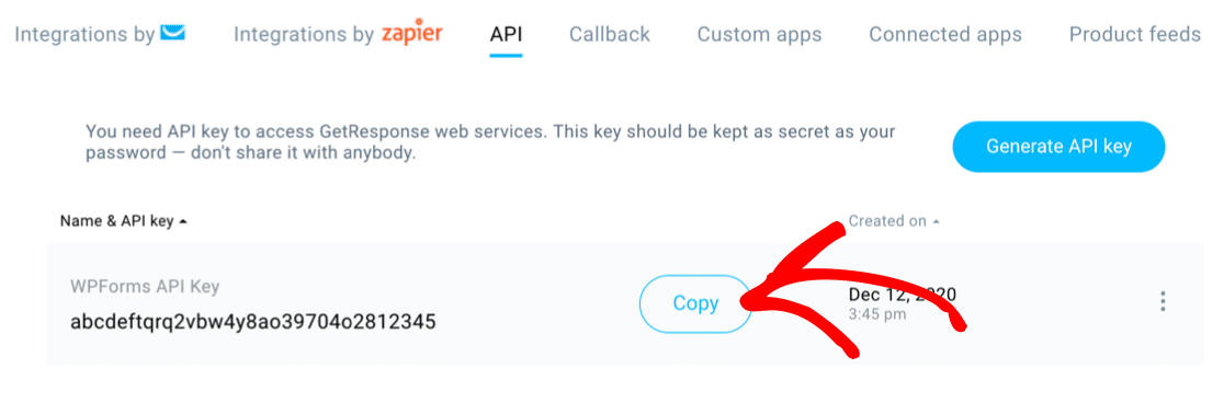 Copia la chiave API GetResponse