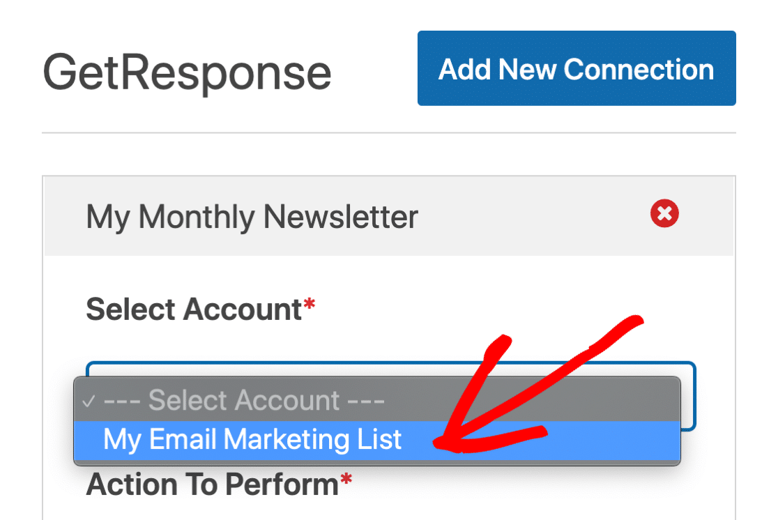 Seleziona l'account GetResponse in WordPress