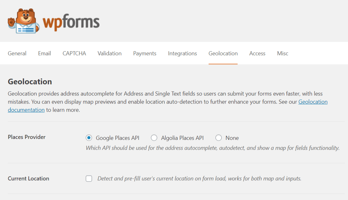 Seite mit den Geolocation-Einstellungen WPForms